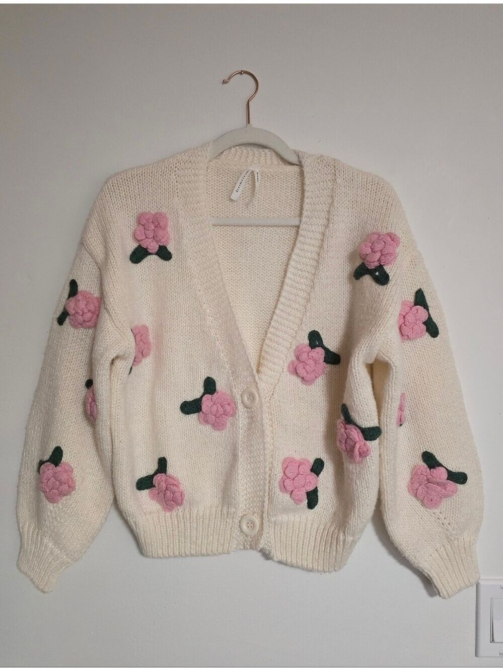 Dreamers by Debut 3D Floral Chunky Knit Cardigan Sweater Cream Pink Size XSmall